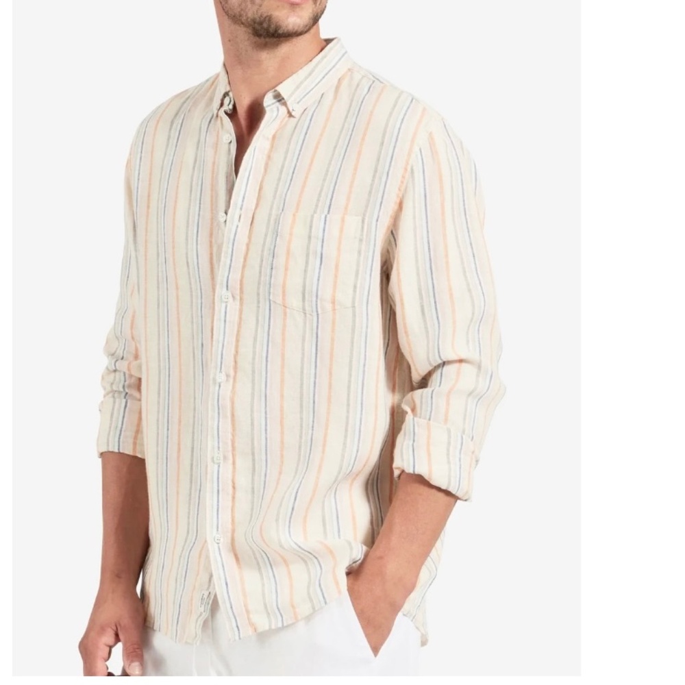 CARIBBEAN Linen-Blend Casual ‎ Striped Shirts Mens S Multi